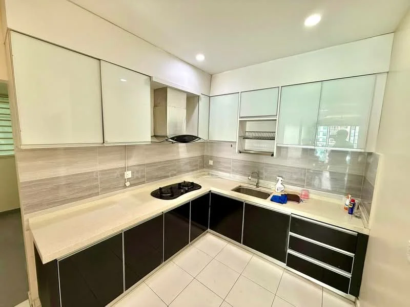 Kitchen features: white glossy upper cabinets, black lower cabinets, light-colored stone countertop, built-in oven, 4-burner gas hob, stainless-steel sink, chrome pull-down faucet, tile backsplash, recessed lighting, ceramic tile flooring, window for natural light; style: modern.