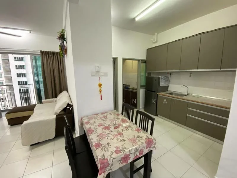 Kitchen features: grey cabinetry, white countertop, stainless-steel sink, chrome pull-down faucet, built-in oven, freestanding range oven, refrigerator, tile backsplash, white tiled walls, white tiled flooring, recessed ceiling lights; style: modern; view: city. Living features: 2-seater fabric sofa in beige, coffee table, dining table with floral tablecloth, black dining chairs, curtains, floor-to-ceiling windows, white walls, tile flooring; style: modern; view: city.