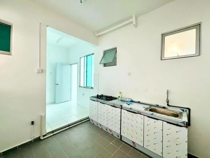 Kitchen features: single-bowl stainless-steel sink, two-burner gas hob, white cabinetry with handles, grey tiled flooring, white walls, small window above sink, additional window for natural light; style: modern. Room features: white walls, tile flooring, windows for natural light, doorway leading to another room.