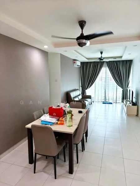 Dining features: dining table with 4 chairs, grey upholstered chairs, white table top, ceiling fan with light, wall-mounted split AC, large sliding glass door, curtains, tile flooring, neutral painted walls, sofa in background, decorative wall panel, natural light from window; style: modern.