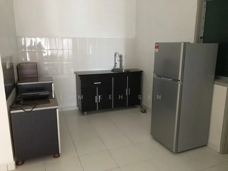 Kitchen features: white tiled walls, grey cabinetry, single-bowl stainless-steel sink, chrome pull-down faucet, stainless-steel fridge, white ceramic tile flooring, countertop with backsplash, built-in cabinet, workspace with drawer, window for natural light; style: modern.