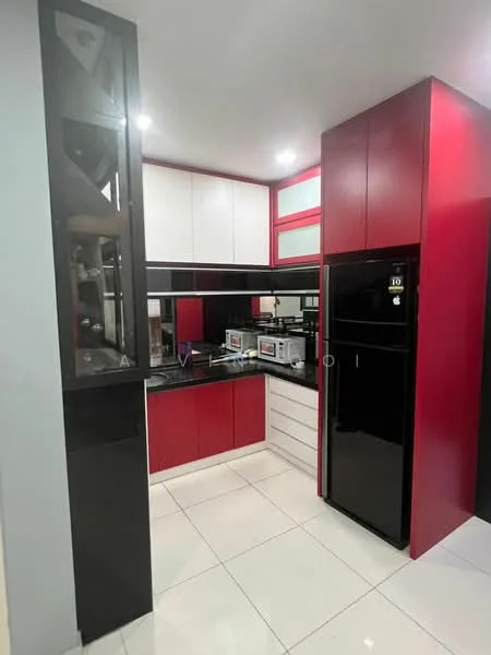 Kitchen features: red cabinetry, black cabinetry, white upper cabinets, black refrigerator, built-in microwave, countertop with glossy finish, ceramic tile flooring, recessed LED downlights, black sink, chrome faucet, glass backsplash, open shelving, kitchen island, appliance garage; style: modern.