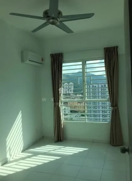 Room features: white painted walls, tile flooring, 5-blade ceiling fan, 1 wall-mounted split AC, floor-to-ceiling windows, sheer curtains, city view; style: modern; view: city.