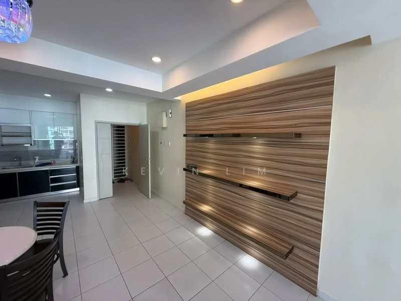 Living features: white painted walls, light grey tiled flooring, recessed downlights, wood feature wall with horizontal slats, open layout, dining area with round table and chairs, kitchen area with modern cabinetry, glass sliding door, built-in shelving; style: modern.