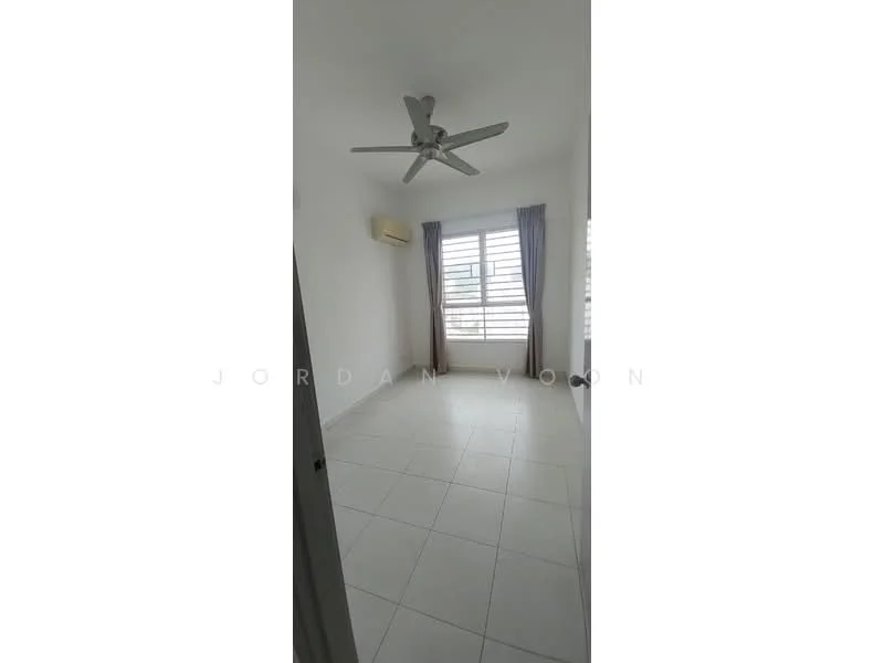 Room features: white painted walls, tile flooring, 5-blade ceiling fan, floor-to-ceiling windows, sheer curtains, air conditioning unit, neutral color scheme; style: modern; view: city.