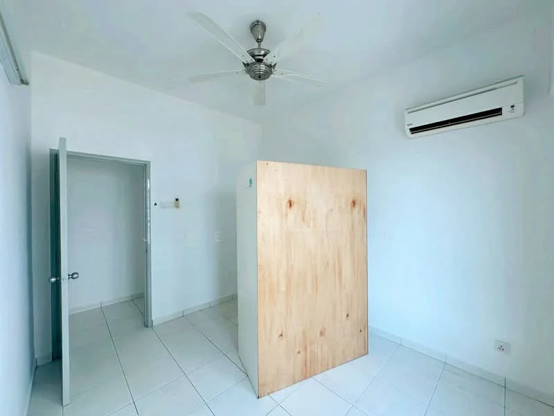Room features: white painted walls, tile flooring, ceiling fan, wall-mounted split AC, wooden partition, door to hallway, light switch, window, neutral color scheme; style: minimalist.
