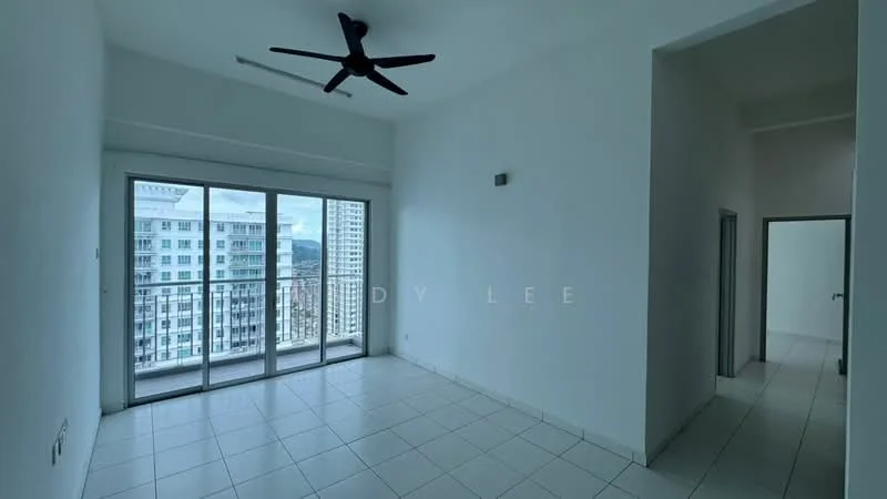 Living features: white painted walls, tile flooring, 5-blade ceiling fan, floor-to-ceiling sliding glass doors, balcony with city view, natural light from large windows, neutral color scheme, open layout; style: modern; view: city. Room features: white painted walls, tile flooring, doorway leading to another room.