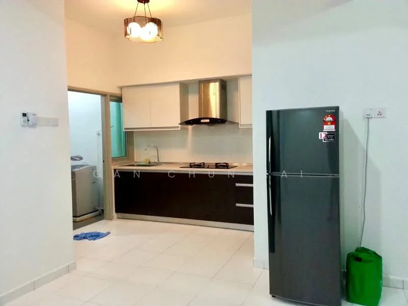 Kitchen features: white cabinets, black countertop, stainless-steel range hood, 2-burner gas hob, stainless-steel fridge, built-in oven, single-bowl stainless-steel sink, chrome pull-down faucet, washing machine, tile flooring, recessed downlights, pendant light, window with green view; style: modern.