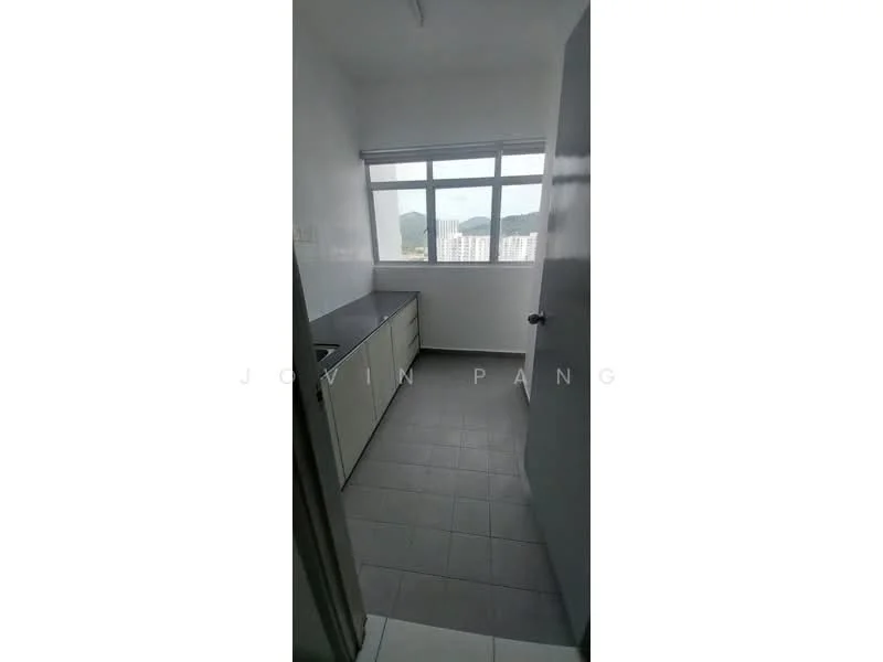 Room features: grey tiled flooring, white painted walls, single window with mountain view, grey countertop, white cabinetry, door leading to another room; view: mountain.