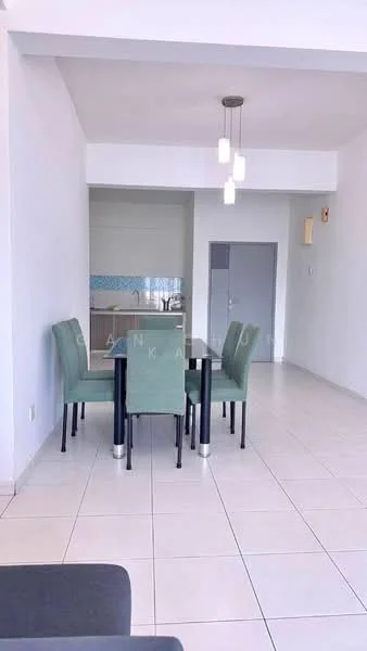 Dining features: 4-seater dining table, green upholstered dining chairs, white painted walls, tile flooring, pendant lighting, open layout to kitchen, large window for natural light; style: modern. Kitchen features: kitchen countertop, kitchen cabinetry, blue backsplash, stainless-steel sink, built-in appliances; style: modern.