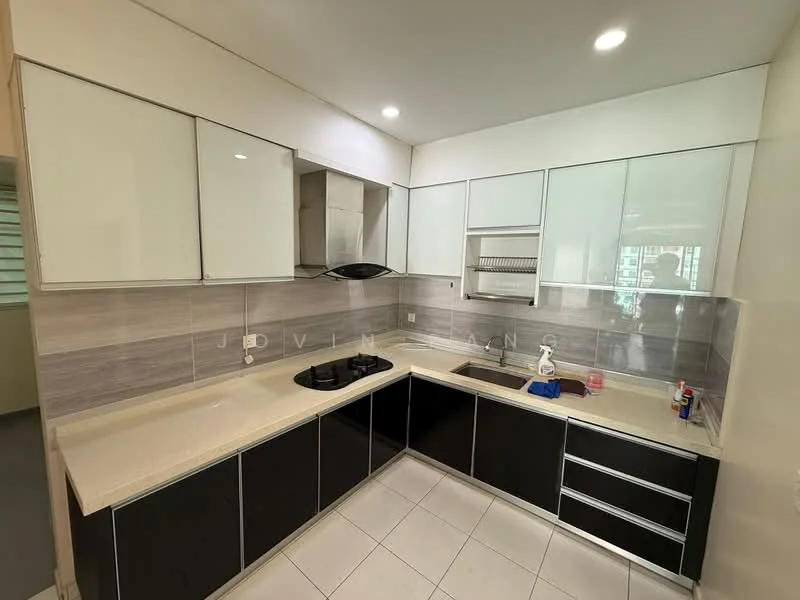 Kitchen features: white upper cabinets with glass fronts, black lower cabinets, granite countertop, built-in stove with two burners, exhaust hood, sink with faucet, tile backsplash, ceramic tile flooring, recessed downlights, window for natural light; style: modern.