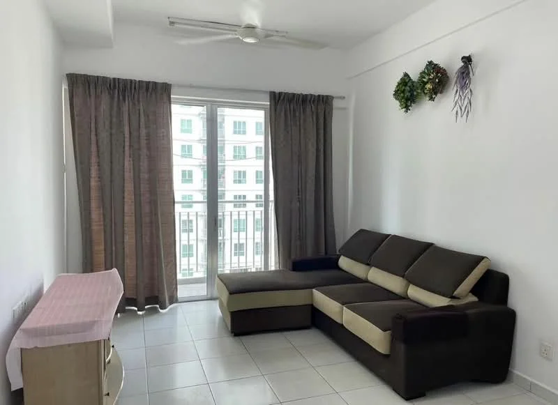 Living features: 3-seater sectional sofa in brown and cream, floor-to-ceiling windows, sheer curtains, dark brown curtains, ceiling fan, white painted walls, tile flooring, decorative wall plants, TV console, area rug; style: modern; view: city.
