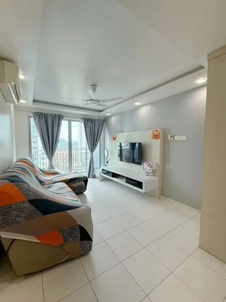Living features: 3-seater fabric sofa with geometric pattern, white TV console, wall-mounted TV, floor-to-ceiling windows, grey accent wall, white tiled flooring, ceiling fan, curtains, decorative wall art, air conditioning unit; style: modern; view: city.