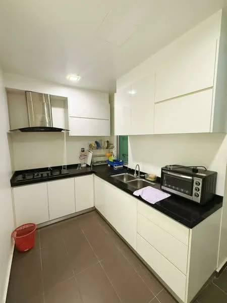 Kitchen features: white flat-panel cabinets, black granite countertop, stainless-steel range hood, 4-burner gas hob, single-bowl stainless-steel sink, chrome pull-down faucet, built-in microwave, toaster, kitchen towel, tile flooring in dark grey, wall-mounted storage, waste basket; style: modern.