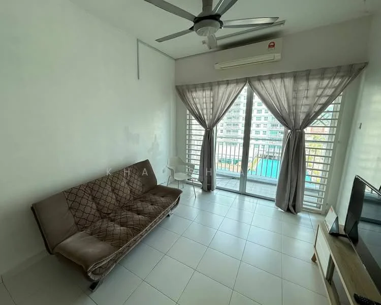 Living features: 3-seater fabric sofa in brown, floor-to-ceiling windows, sliding glass door, curtains in grey, white painted walls, ceiling fan with light, TV console, tile flooring, air conditioning unit; style: modern; view: pool.