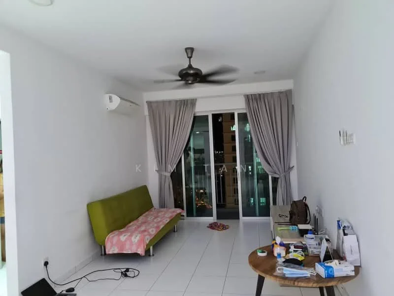 Living features: white painted walls, white tiled flooring, 5-blade ceiling fan, floor-to-ceiling windows, sliding glass door, sheer curtains, green fabric sofa, wooden coffee table, wall-mounted air conditioning unit, decorative items on table; style: modern; view: city.