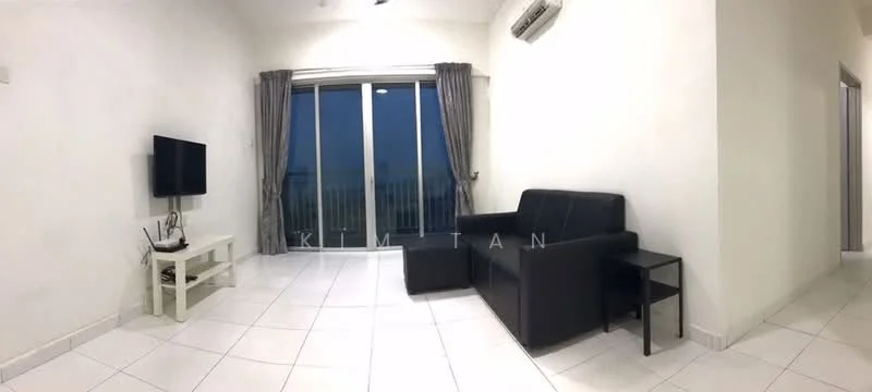 Living features: white painted walls, white tiled flooring, floor-to-ceiling windows, grey fabric sofa, black side table, white TV console, wall-mounted TV, curtains, air conditioning unit; style: modern; view: city.