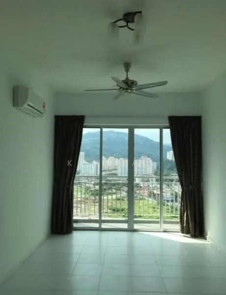 Living features: white painted walls, tile flooring, 5-blade ceiling fan, wall-mounted split AC, floor-to-ceiling sliding glass door, curtains, mountain view; style: modern; view: mountain.