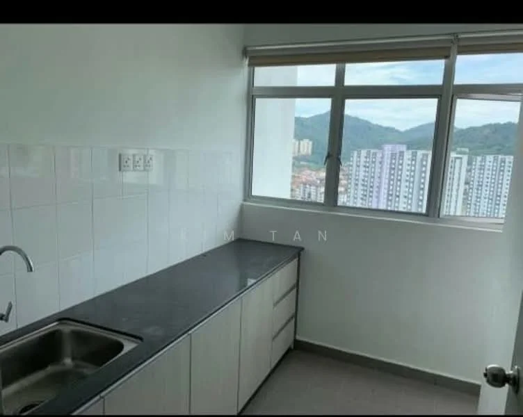 Kitchen features: single-bowl stainless-steel sink, chrome pull-down faucet, black granite countertop, white tiled backsplash, white lower cabinets, grey upper cabinets, floor-to-ceiling window, city view; style: modern; view: city.