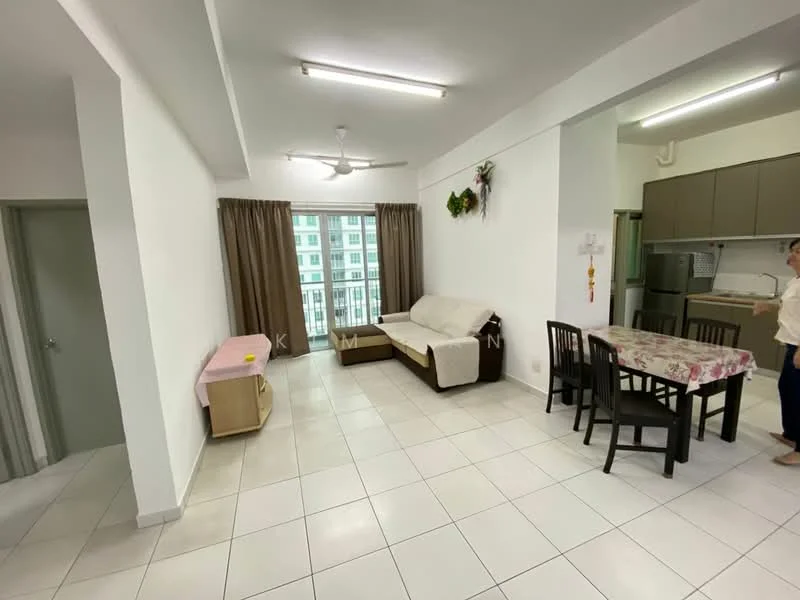 Living features: white painted walls, tile flooring, 5-blade ceiling fan with light, sofa in cream fabric, coffee table, dining table with 4 chairs, curtains in brown, floor-to-ceiling windows, decorative wall plants, open layout to kitchen; style: modern; view: city. Kitchen features: kitchen cabinetry in light wood, stainless-steel sink, built-in stove, refrigerator, tile backsplash, countertop space; style: modern.