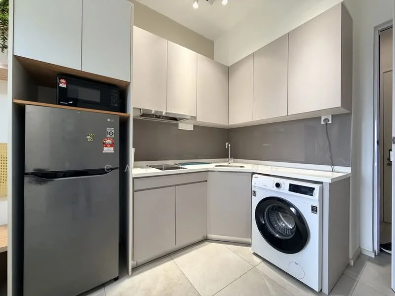 Kitchen features: grey cabinetry, white countertop, stainless-steel sink, chrome pull-down faucet, built-in microwave, freestanding fridge, front-load washing machine, tile flooring, recessed downlights; style: modern.