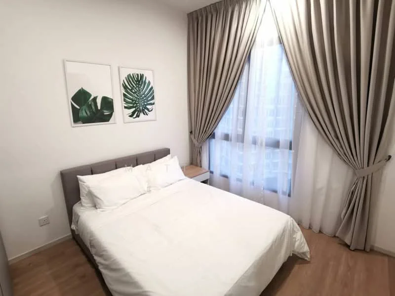 Bedroom features: queen-size bed with white bedding, upholstered headboard in grey, two framed botanical prints on the wall, floor-to-ceiling window with sheer curtains, wooden flooring, side table next to the bed, light-colored walls, curtains in light grey; style: modern.
