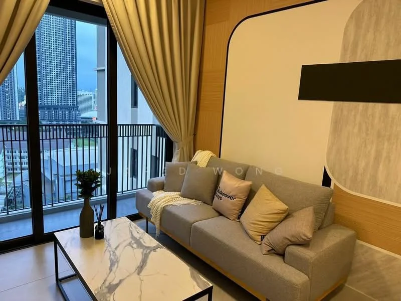 Living features: 3-seater fabric sofa in grey, marble coffee table, floor-to-ceiling windows, sheer curtains, decorative pillows, wood panel accent wall, city view, light-colored flooring, decorative plant; style: modern; view: city.