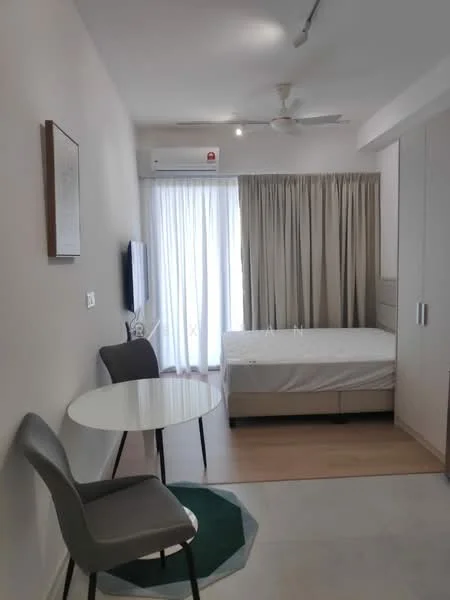 Room features: white painted walls, light wood flooring, 5-blade ceiling fan, floor-to-ceiling windows, sheer curtains, double bed, wall-mounted TV, small round dining table, 2 grey dining chairs, built-in wardrobe, recessed lighting; style: modern.