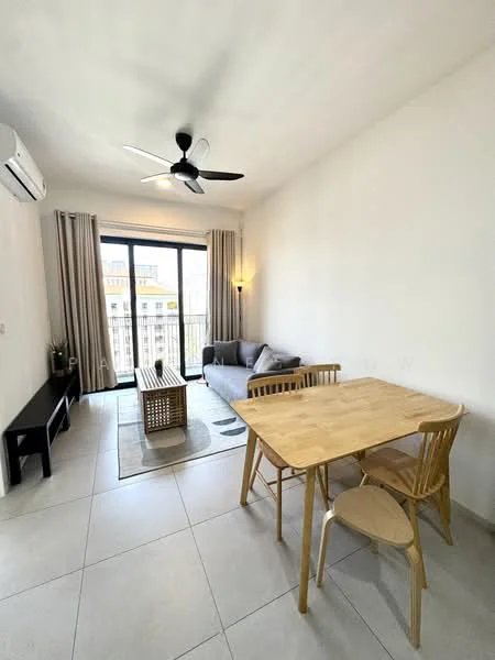 Living features: 5-blade ceiling fan with light, floor-to-ceiling windows, sliding glass door, grey fabric sofa, wooden coffee table, area rug, TV console, 2 wooden dining chairs, dining table, light-colored walls, curtains, tile flooring; style: modern; view: city.