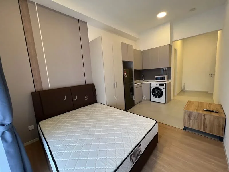 Room features: queen-size bed, upholstered headboard, built-in wardrobe, kitchenette with cabinets, microwave, washing machine, wooden flooring, light-colored walls, recessed ceiling lights, small wooden side table, floor-to-ceiling window, curtains; style: modern.