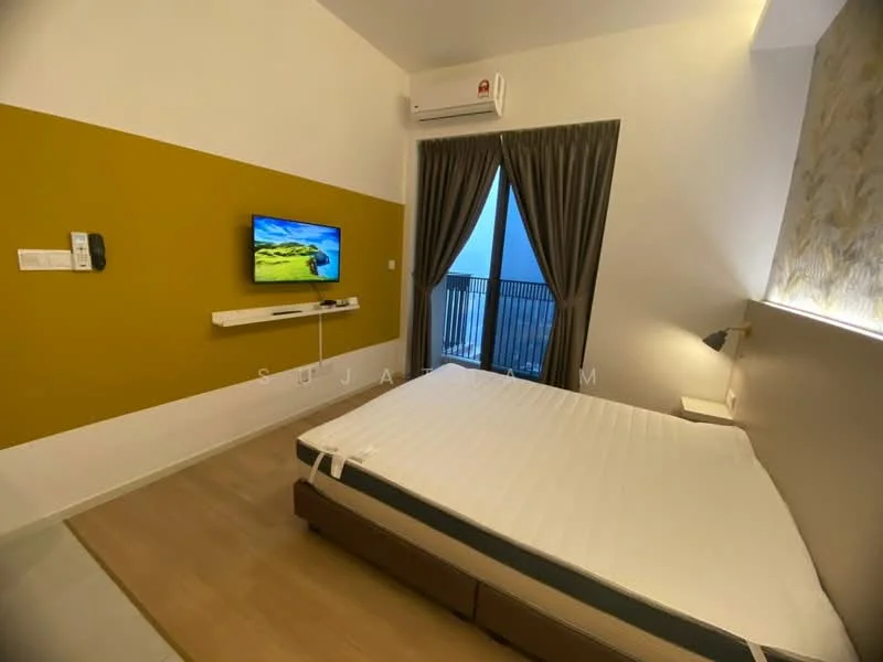 Bedroom features: queen-size bed, wall-mounted TV, light wood flooring, cream painted walls, accent wall in mustard yellow, floor-to-ceiling window, curtains, air conditioning unit, nightstand with lamp, built-in wardrobe; style: modern; view: city.