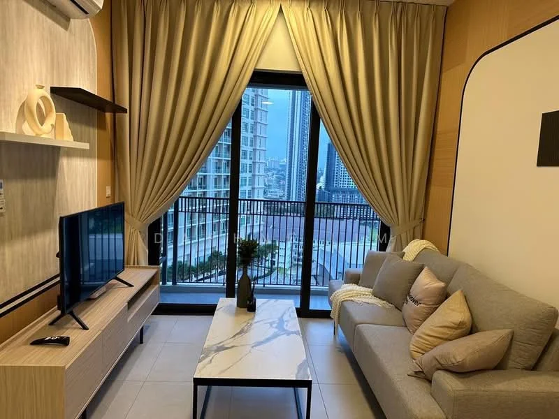 Living features: grey fabric sofa, marble coffee table, wall-mounted TV, wooden TV console, floor-to-ceiling windows, sheer curtains, blackout curtains, decorative vase on table, decorative wall art, light-colored walls, recessed downlights, air conditioning unit; style: modern; view: city.