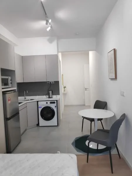Kitchen features: grey cabinetry, white countertop, stainless-steel fridge, built-in oven, ceramic cooktop, single-bowl stainless-steel sink, chrome pull-down faucet, grey tile backsplash, washing machine, recessed downlights, floor tiles, open layout, dining table with two chairs; style: modern.