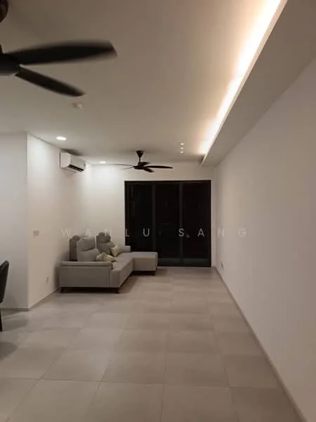 Living features: light grey fabric sectional sofa, 2 ceiling fans, recessed LED downlights, white painted walls, light tile flooring, air conditioning unit, sliding glass door, dark view through sliding door; style: modern.