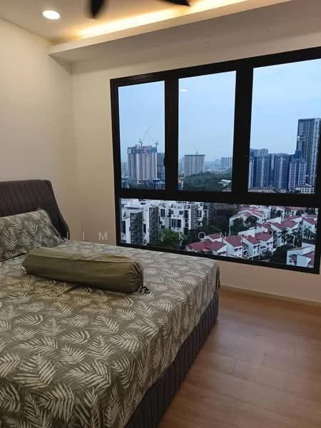 Bedroom features: king-size bed with patterned bedding, decorative bolster pillow, floor-to-ceiling windows, city skyline view, wooden flooring, recessed ceiling lights, grey upholstered headboard, nightstand with lamp; style: modern; view: city.