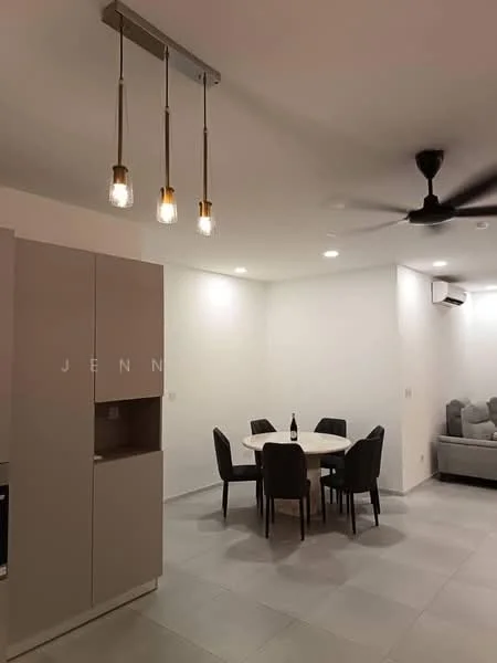 Dining features: round dining table, 6 dining chairs, pendant lighting with exposed bulbs, white painted walls, grey tiled flooring, ceiling fan, wall-mounted split AC, built-in cabinetry, open layout; style: modern. Living features: fabric sofa in light grey, decorative cushions, coffee table, TV console, area rug; style: modern.