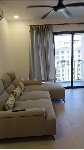 Living features: 3-seater fabric sofa in beige, 2-seater fabric sofa in beige, throw pillows with checkered pattern, floor-to-ceiling sliding glass door, curtains in light grey, wall-mounted air conditioning unit, tile flooring, ceiling fan with light; style: modern; view: city.