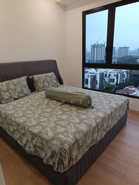 Bedroom features: king-size bed with upholstered headboard, bedding with leaf pattern, decorative bolster pillow, floor-to-ceiling window, city skyline view, laminate flooring, neutral wall color, minimalist decor; style: modern; view: city.