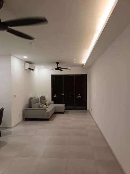 Living features: grey fabric sofa, 2-seater sofa, ceiling fan, recessed LED downlights, white painted walls, light-colored tile flooring, air conditioning unit, sliding glass door, dark frame for sliding door, decorative throw pillows, open layout, neutral color palette; style: modern.