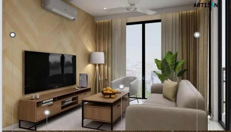 Living features: light wood herringbone accent wall, cream painted walls, large floor-to-ceiling windows, grey fabric sofa, wooden coffee table, TV console in light wood, black wall-mounted TV, ceiling fan with light, decorative indoor plant, sheer curtains, area rug with geometric pattern, table lamp with white shade, fruit bowl with oranges; style: modern; view: city.