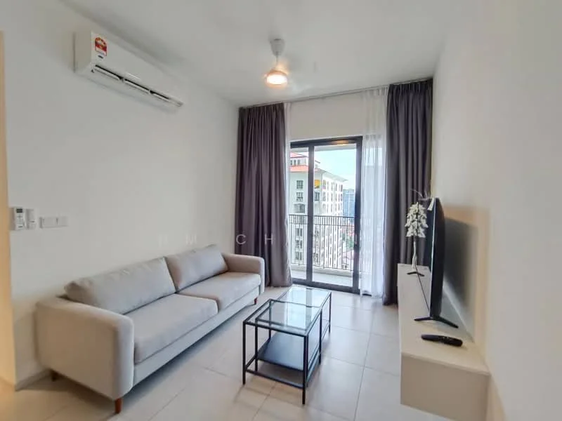 Living features: 3-seater fabric sofa in light grey, glass coffee table with black metal frame, floor-to-ceiling windows, sheer curtains, dark grey curtains, wall-mounted TV, air conditioning unit, light fixture with ceiling fan, white painted walls, tile flooring; style: modern; view: city.