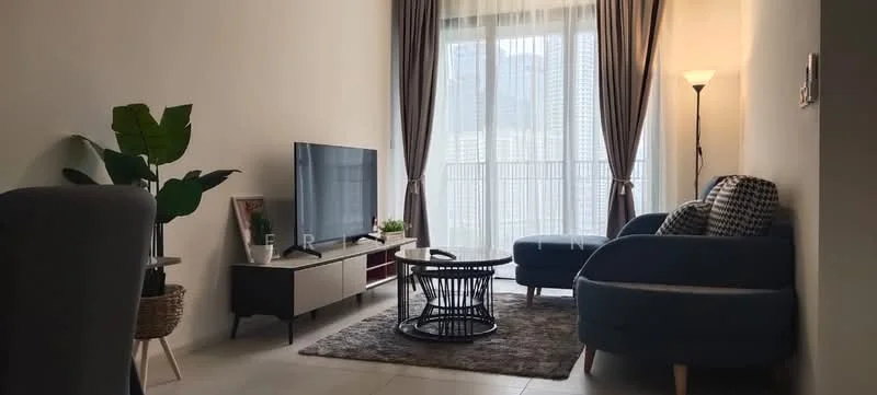 Living features: light grey walls, floor-to-ceiling windows, curtains in light brown, 2-seater blue fabric sofa, 1 blue accent chair, round coffee table with black metal base, area rug in beige, TV console in white with wooden legs, wall-mounted TV, decorative plant in a pot, lamp with a tall stand; style: modern; view: city.