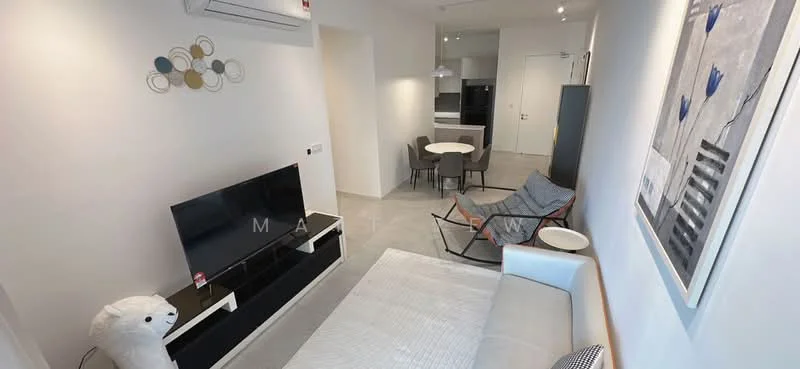 Living features: sofa in white fabric, coffee table, wall-mounted TV, TV console in black, 2-seater dining table, 4 dining chairs, air conditioning unit, recessed lighting, grey tile flooring, decorative wall art, floor-to-ceiling windows, light-colored walls; style: modern. Kitchen features: kitchen island, stainless-steel sink, built-in oven, freestanding range oven, microwave, cabinets in white, grey countertop, refrigerator, pendant lighting; style: modern.
