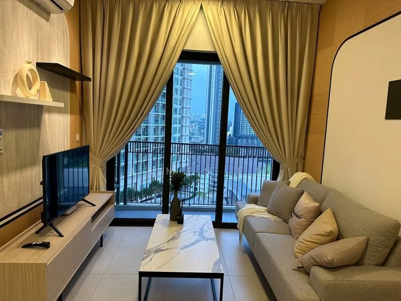 Living features: grey fabric sofa, coffee table with marble top, wall-mounted TV, wooden TV console, floor-to-ceiling windows, sheer curtains, blackout curtains, decorative vase, throw blanket, decorative pillows, wood panel accent wall, recessed downlights, air conditioning unit; style: modern; view: city.
