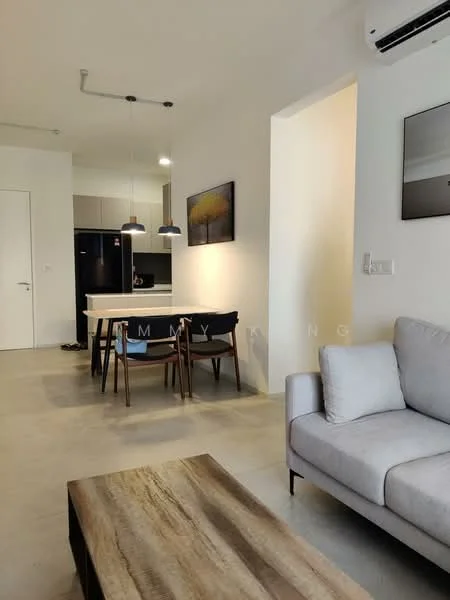 Living features: light grey fabric sofa, wooden coffee table with natural finish, wall-mounted TV, recessed downlights, concrete flooring, air conditioning unit, decorative wall art, neutral wall color; style: modern. Dining features: white dining table, 4 wooden dining chairs, pendant lighting above dining table, open kitchen area in background, dark cabinetry, black refrigerator; style: modern.
