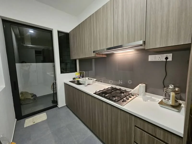 Kitchen features: wood cabinetry, white countertop, gas cooktop, built-in oven, stainless-steel range hood, grey backsplash, single-bowl stainless-steel sink, kitchen utensils on countertop, sliding glass door, floor-to-ceiling windows, grey tile flooring; style: modern.