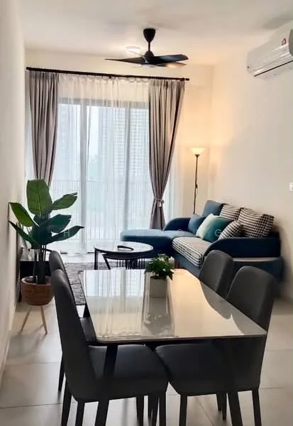 Dining features: 6-seater dining table with glass top, black dining chairs, decorative plant in pot, area rug with geometric pattern, wall-mounted light, floor-to-ceiling windows with sheer curtains, curtains in grey, white painted walls, tile flooring; style: modern; view: city. Living features: L-shape sectional sofa in blue, plaid throw pillows, coffee table, floor lamp, wall-mounted air conditioning unit, decorative wall art, light-colored walls, tile flooring; style: modern; view: city.