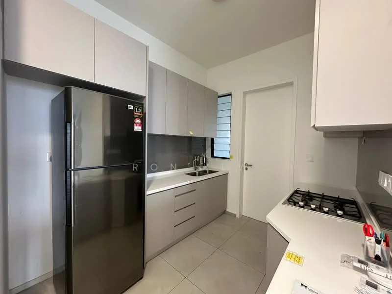 Kitchen features: grey cabinetry, stainless-steel fridge, built-in gas hob, white countertop, single-bowl stainless-steel sink, chrome pull-down faucet, tile backsplash, grey tile flooring, window for natural light, wall-mounted cabinets, drawer storage, open shelving; style: modern.
