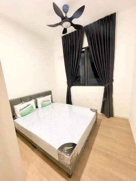 Bedroom features: queen-size bed, upholstered headboard, 2 decorative pillows, floor-to-ceiling window, blackout curtains, light wood flooring, 5-blade ceiling fan with light, white painted walls; style: modern.