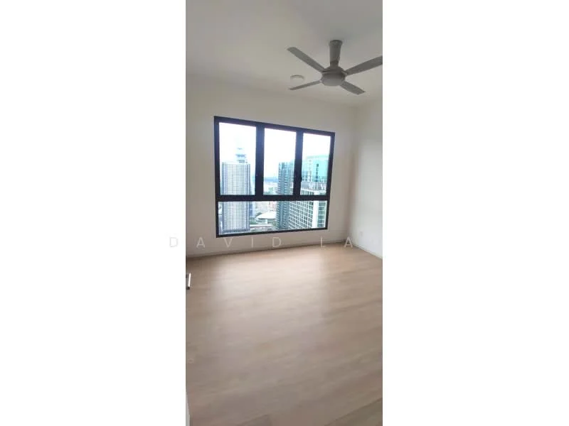 Room features: light wood flooring, floor-to-ceiling windows, city view, 5-blade ceiling fan, white painted walls, no visible furniture; style: modern; view: city.